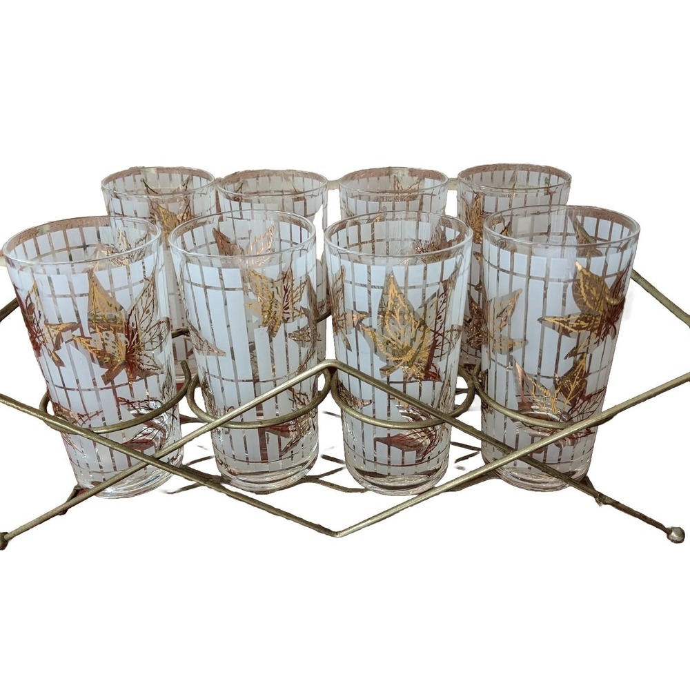 8 Vintage Fred Press Gold Maple Leaf Frosted Glasses Metal Carrier Mid Century